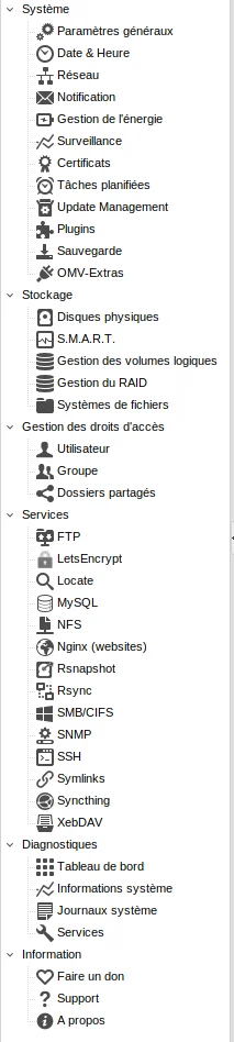 Menu d'administration OpenMediaVault